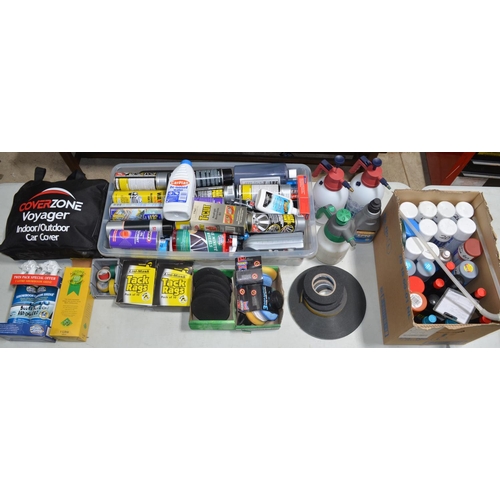 553 - Collection of automotive spray paints, cleaning and finishing products, car covers, double sided foa... 