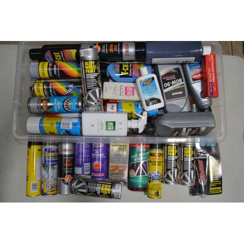 553 - Collection of automotive spray paints, cleaning and finishing products, car covers, double sided foa... 