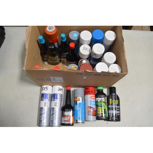 553 - Collection of automotive spray paints, cleaning and finishing products, car covers, double sided foa... 