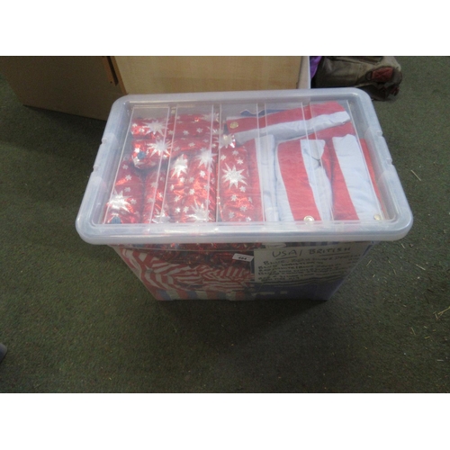 484 - USA/British flag style garments in red, white and blue, including waistcoats and trouser (1 box)