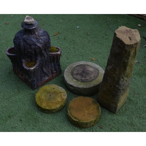 74 - Three sandstone plinth stands, a sandstone column and a reconstituted salt glazed strawberry planter... 