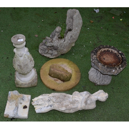 75 - Composite stone bird bath with stand, a single floral plinth, an otter and wood effect water feature... 