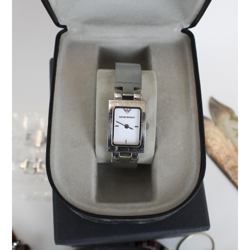 66 - Selection of costume jewellery, Emporio Armani watch and a Dietert Core Hardness Gauge