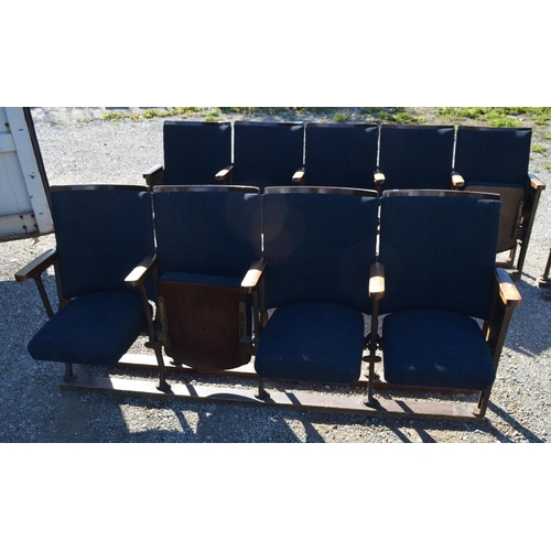 515 - Run of four Kalee cast iron framed Cinema seats with curved backs and lift-up seats, L235cm D43cm H8... 