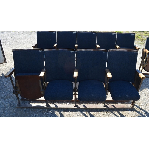 516 - Run of four Kalee cast iron framed Cinema seats with curved backs and lift-up seats, L235cm D43cm H8... 