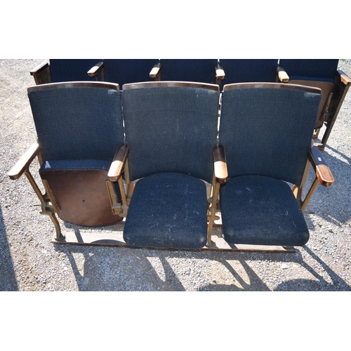 517 - Run of three Kalee cast iron framed Cinema seats with curved backs and lift-up seats, L150cm D43cm H... 