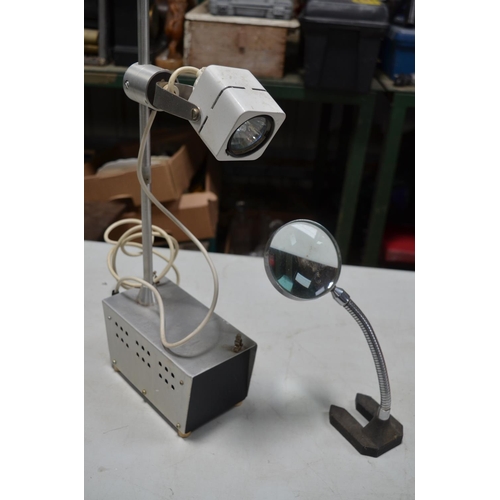 578 - Aluminium and steel height adjustable swivel head workshop lamp, no makers marks, a poseable magnify... 