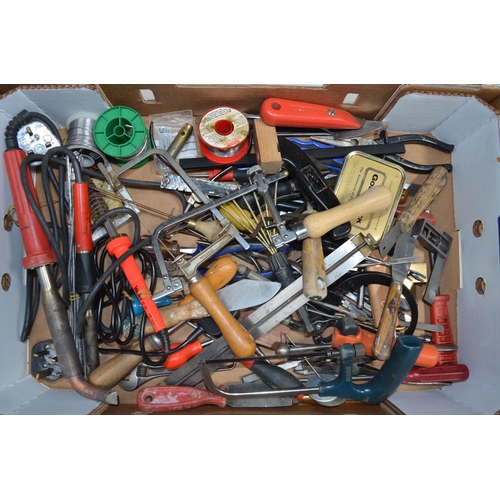 591 - Collection of handheld tools including an Eclipse fretsaw, scrapers, pliers, soldering irons, centre... 