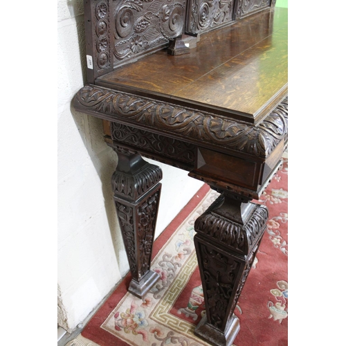 497 - Victorian Jacobeathan revival oak side table, raised back carved with scrolls and foliage, on square... 