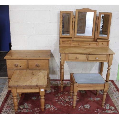 498 - Modern pine dressing table with triple mirror on turned supports, W90cm D50cm H135cm, a similar stoo... 