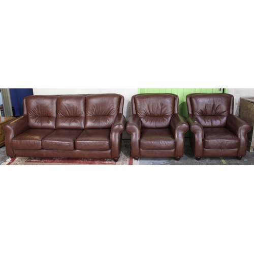 502 - Contemporary brown leather upholstered 3pc suite, three seat sofa, W190cm D80cm H100cm and two chair... 