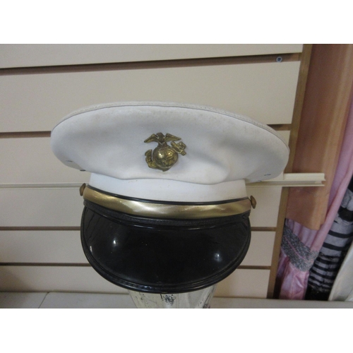 802 - 2 US Embassy guard style white peaked caps and a USMC white peaked cap (3)