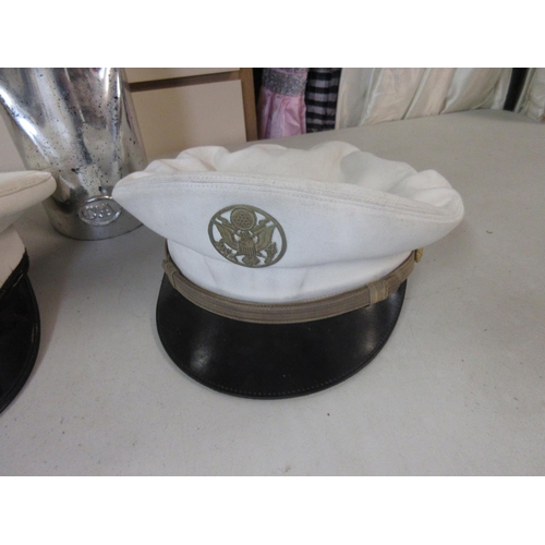 802 - 2 US Embassy guard style white peaked caps and a USMC white peaked cap (3)