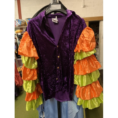 944 - Men's brightly coloured frilled flamenco style frilled shirts and trousers, purple/orange/green