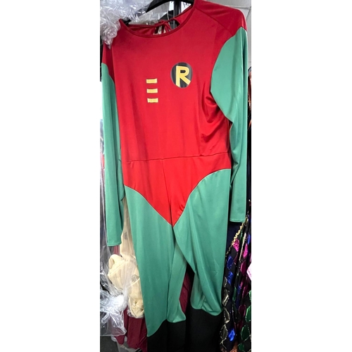 951 - Male superhero costumes including Batman, Robin, Hulk, etc., approx. 10 (qty. on rail + 1 box)