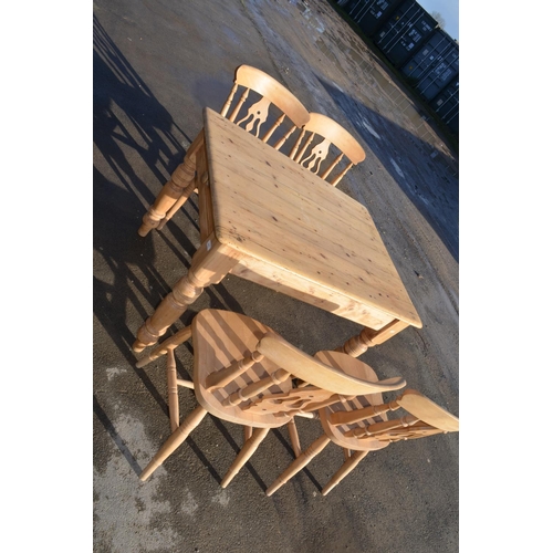 477 - Vintage waxed pine rectangular kitchen table, with end drawer on turned supports, W102cm D87cm H75cm... 