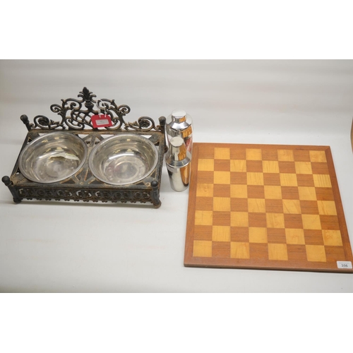 Hardwood chess board 45cm, Victorian style cast iron dog bowl with two aluminium lift out bowls W45c