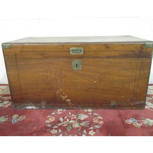 495 - C19th campaign style camphor wood blanket box, with brass corners and recessed handles, (A/F) D53cm ... 