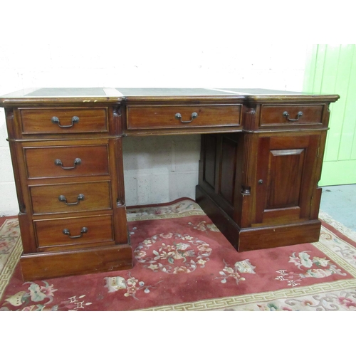 496 - Geo.III style mahogany inverted breakfront twin pedestal desk, W150cm D75cm H77cm