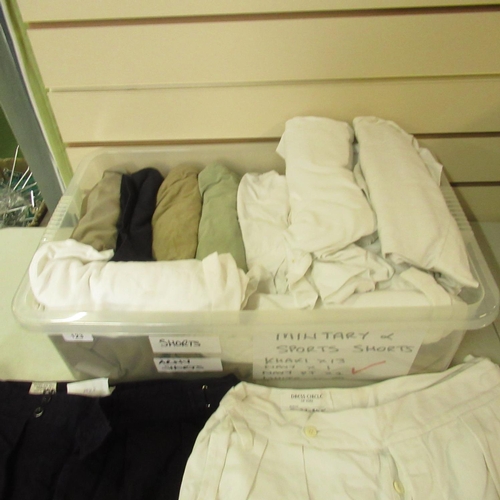 123 - Collection of military sports type shorts in white, khaki, navy, etc. (approx,. 24 in 1 box)