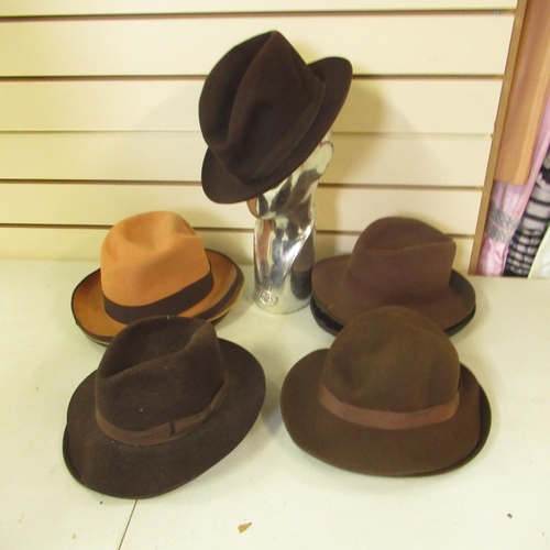 64 - Fedora hats, various shades of brown