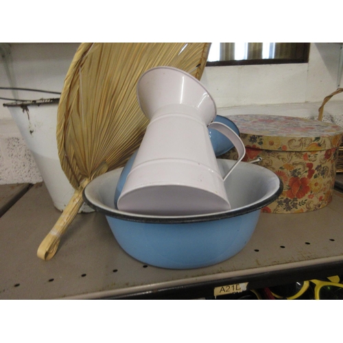 1115 - Blue enamel wash bowl and jug, floral design hat boxes, white enamel jug, white enamel bucket, etc.