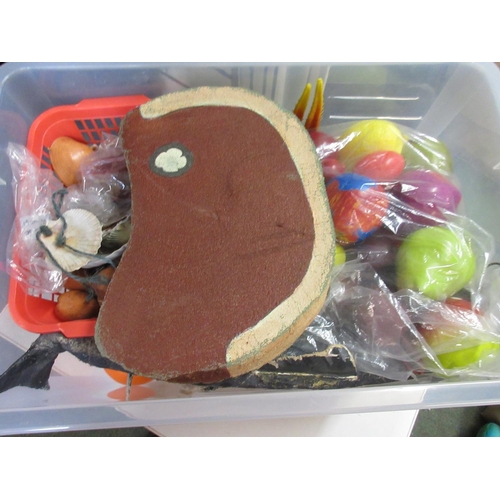 1136 - Collection of theatre/drama props inc. seashells, crab figures, fake fruit, etc. in 1 box