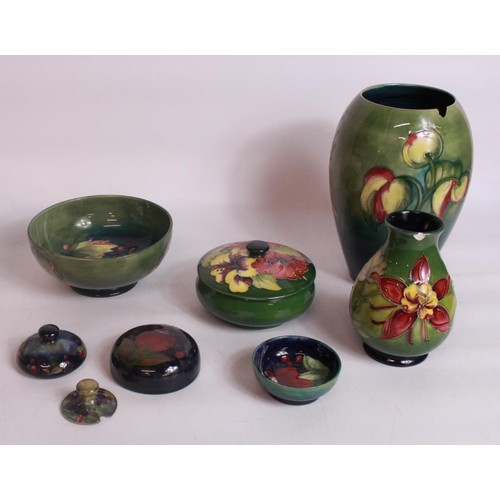 132 - Moorcroft ceramics, including Hibiscus lidded trinket pot, D12cm, Leaves and Berries bowl, D16cm, Po... 