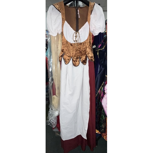 549 - Set of women's mediaeval style dresses,  maroon skirt with white apron, brown velvet laced bodices, ... 