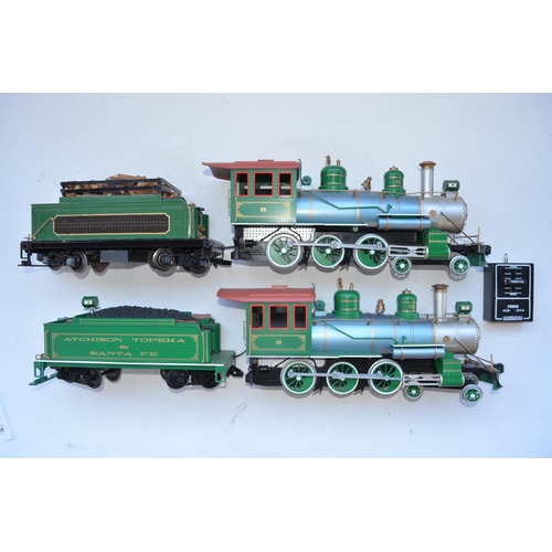 200 - Two Bachmann G gauge radio controlled 4-6-0 battery powered locos and tenders with one transmitter u... 