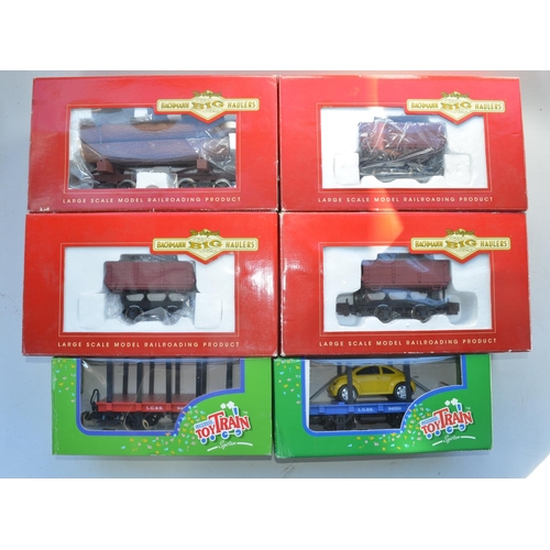 208 - Six boxed G gauge goods wagons, 4 Bachmann to include three 