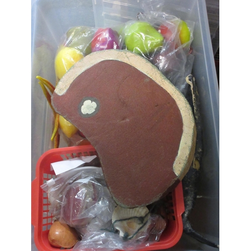 1136 - Collection of theatre/drama props inc. seashells, crab figures, fake fruit, etc. in 1 box