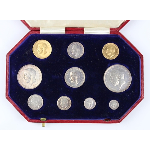 900 - 1911 George V specimen coin set in original burgundy leather case, incl. gold sovereign, gold half s... 