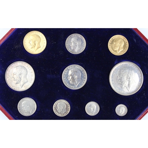 900 - 1911 George V specimen coin set in original burgundy leather case, incl. gold sovereign, gold half s... 