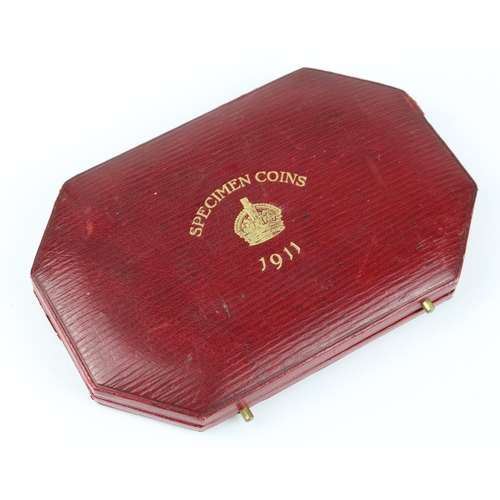 900 - 1911 George V specimen coin set in original burgundy leather case, incl. gold sovereign, gold half s... 