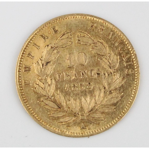 910 - France Napoleon III 1858 gold 10 Francs, 3.2g