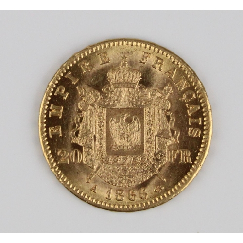 913 - France Napoleon III 1866 gold 20 Francs, 6.5g