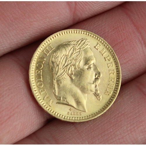 913 - France Napoleon III 1866 gold 20 Francs, 6.5g