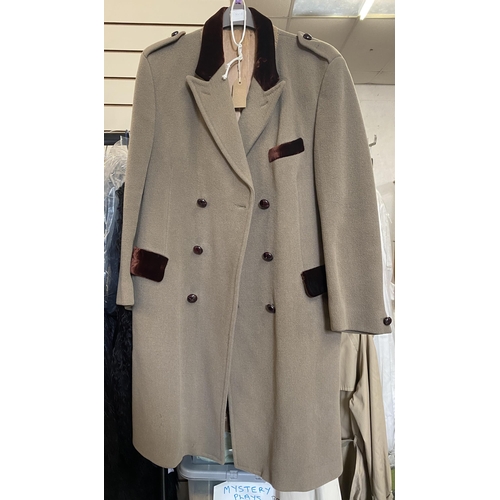 1042 - Two men's vintage camel coloured wool coats including one with Dunn & Co / Crombie labels