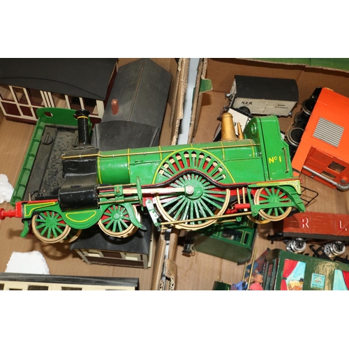 164 - Scratch built wooden model of GNR Stirling Single locomotive and tender, coach bodies and other rela... 