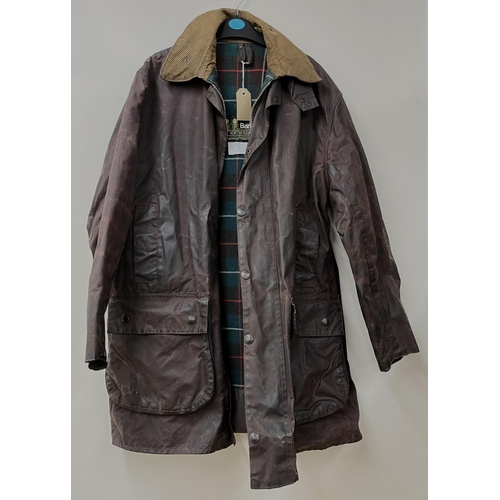 1367 - Gents Barbour Northumbria waxed cotton jacket with green and red check lining,