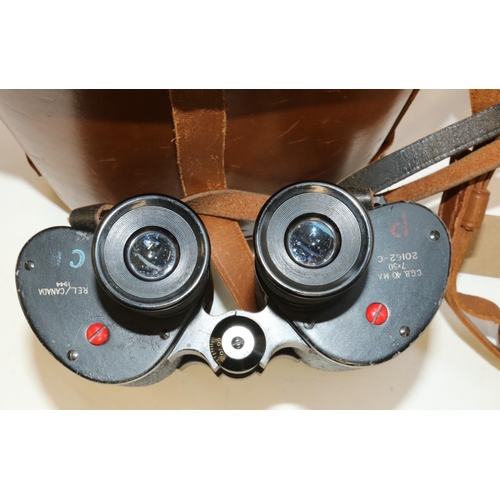 1386 - Pair of WWII Canadian REL Binoculars, marked GGB 40 MA 7x50 20162 REL/CANADA 1944 and CB in blue, wi... 