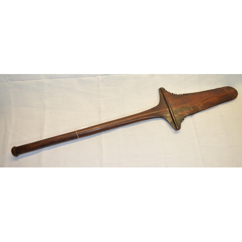 865 - Large wooden Fijian type club with spear shaped double edges head with inscription FIDGEE carved tee... 