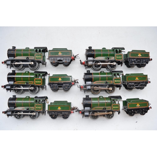 235 - Six Hornby clockwork O gauge Type 51 steam locos with tenders, all No 50153 in green BR livery