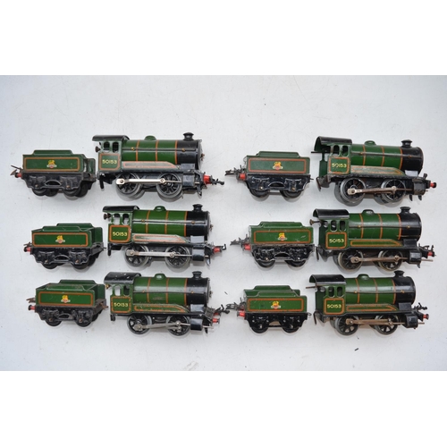 235 - Six Hornby clockwork O gauge Type 51 steam locos with tenders, all No 50153 in green BR livery