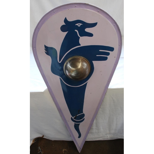 833 - Large Viking re-enactors shield, painted with mythical figure and central boss, approx L135cm