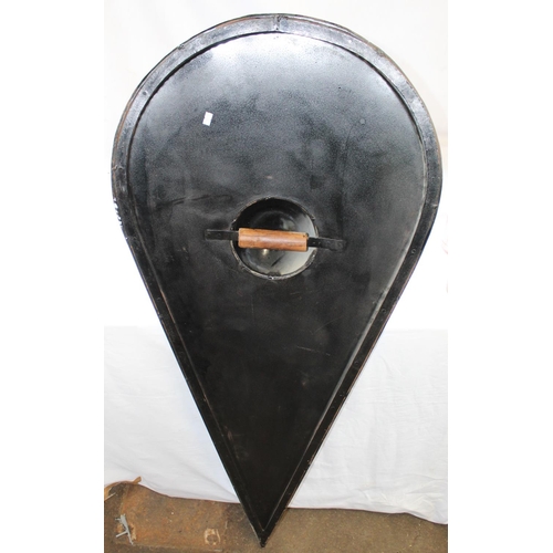 833 - Large Viking re-enactors shield, painted with mythical figure and central boss, approx L135cm