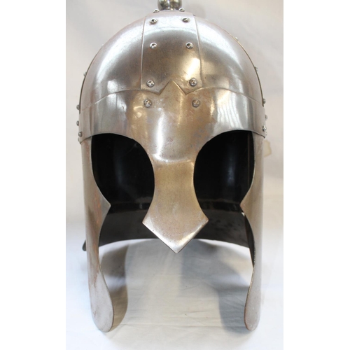 834 - Re-enactors Viking steel war helmet and Viking sword in leather scabbard, overall L110cm