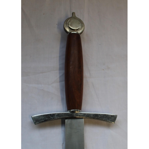 834 - Re-enactors Viking steel war helmet and Viking sword in leather scabbard, overall L110cm