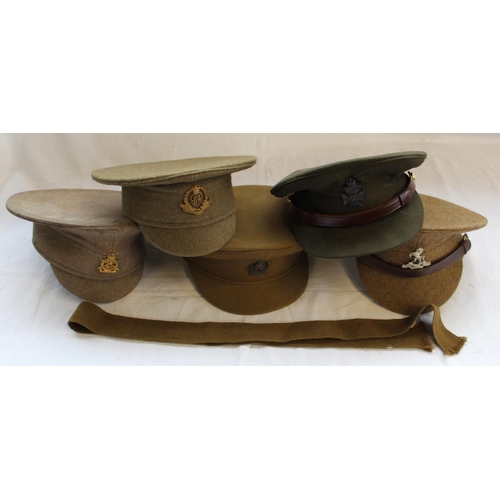 842 - Five military khaki coloured caps including Military Police, khaki tie (6)